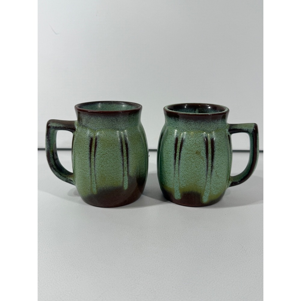 Frankoma C8 Pottery Prairie Green Barrel Mugs Set of 2